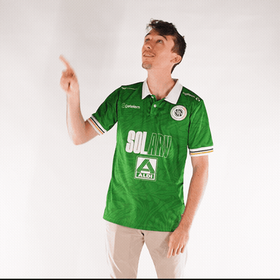 A Man Wearing A Green Shirt That Says Solarv Aldi GIF