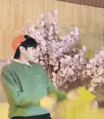 A Man Wearing A Green Sweater And A Red Hat Is Dancing In Front Of Flowers GIF