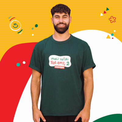 A Man Wearing A Green T-Shirt That Says Mali Veliki Talent 2 Konzum GIF
