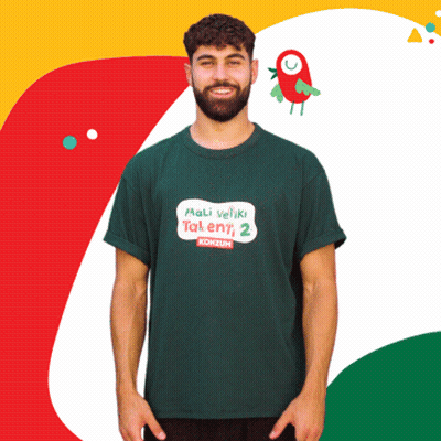 A Man Wearing A Green T-Shirt With Mali Veliki Talent 2 On It GIF