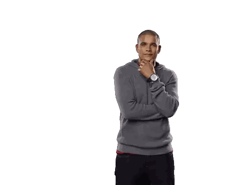 A Man Wearing A Grey Hoodie Has His Hand On His Chin And A Watch On His Wrist Sticker