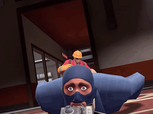 A Man Wearing A Hard Hat Is Standing Next To A Man Wearing A Blue Mask GIF