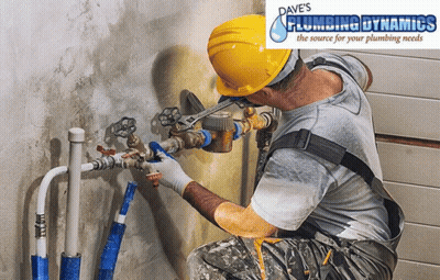 A Man Wearing A Hard Hat Is Working On A Pipe With Dave 'S Plumbing Dynamics Written On The Bottom GIF