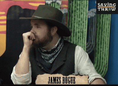A Man Wearing A Hat And A Bandana With The Name James Bogue On The Bottom GIF
