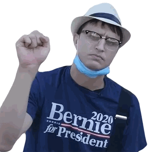 A Man Wearing A Hat And A Blue Shirt That Says Bernie For President Sticker
