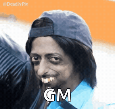 A Man Wearing A Hat And A Blue Shirt With The Word Gm On His Face GIF