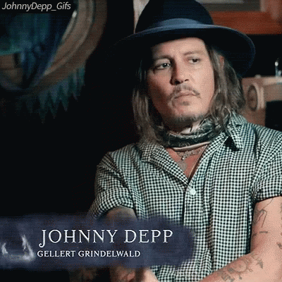 A Man Wearing A Hat And A Plaid Shirt With The Name Johnny Depp Written On It GIF