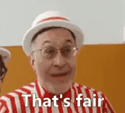 A Man Wearing A Hat And A Striped Shirt Is Saying That 'S Fair . GIF