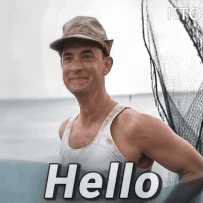 a man wearing a hat and a tank top is standing on a boat and saying hello .