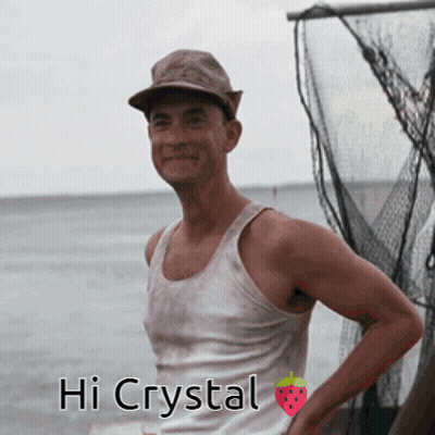 A Man Wearing A Hat And A Tank Top Stands In Front Of A Fishing Net With The Words Hi Crystal Written On The Bottom GIF