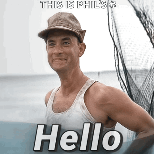 A Man Wearing A Hat And A Tank Top With The Word Hello Below Him GIF
