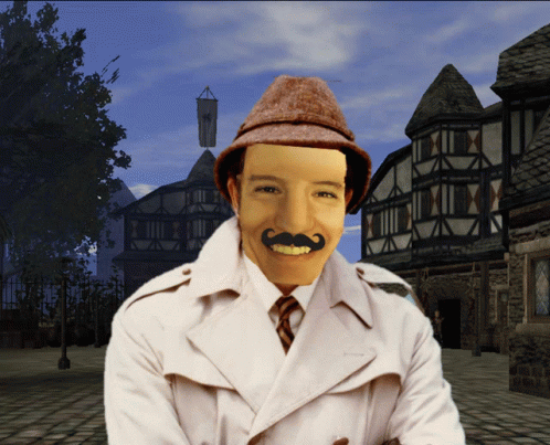 A Man Wearing A Hat And A Trench Coat Has A Mustache On His Face GIF