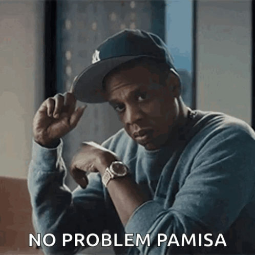 A Man Wearing A Hat And A Watch With The Words No Problem Pamisa Below Him GIF