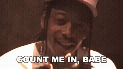 A Man Wearing A Hat And A White Shirt Says Count Me In Babe GIF
