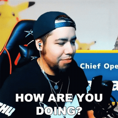A Man Wearing A Hat And Ear Buds Is Asking How Are You Doing GIF