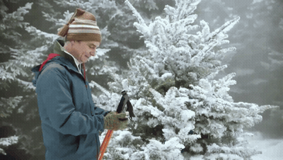 A Man Wearing A Hat And Gloves Is Holding A Hammer In Front Of A Snow Covered Tree GIF