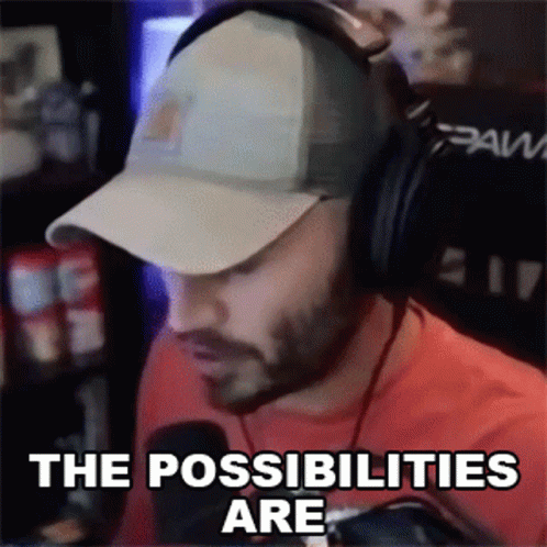 A Man Wearing A Hat And Headphones Says " The Possibilities Are " GIF