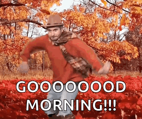 A Man Wearing A Hat And Scarf Is Dancing In A Field Of Leaves And Says Good Morning ! GIF