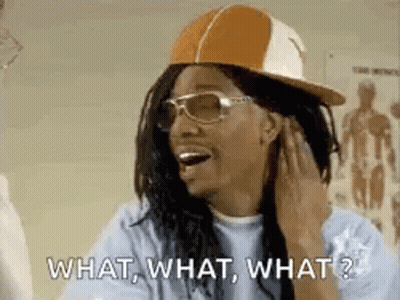 A Man Wearing A Hat And Sunglasses Is Laughing And Saying What , What , What . GIF