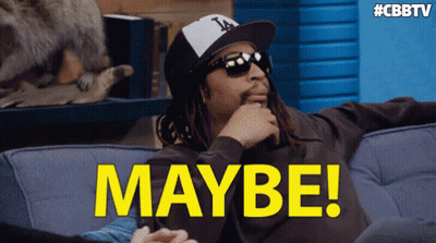 A Man Wearing A Hat And Sunglasses Is Sitting On A Couch With The Word Maybe In Yellow Letters GIF
