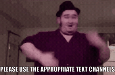 A Man Wearing A Hat Is Dancing In A Room And Asking People To Use The Appropriate Text Channels . GIF