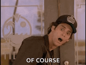 A Man Wearing A Hat Is Standing In Front Of A Door With His Mouth Open And The Words `` Of Course '' Written On It . GIF