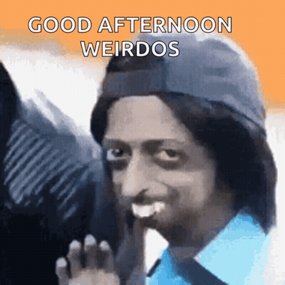 A Man Wearing A Hat Says " Good Afternoon Weirdos " On The Bottom GIF