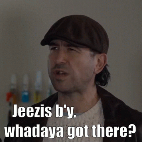 A Man Wearing A Hat Says Jeezis B 'Y Whadaya Got There GIF