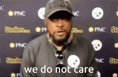 A Man Wearing A Hat Says We Do Not Care In Front Of A Steelers Logo . GIF