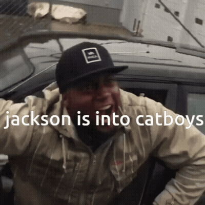 A Man Wearing A Hat That Says Jackson Is Into Cat Boys GIF