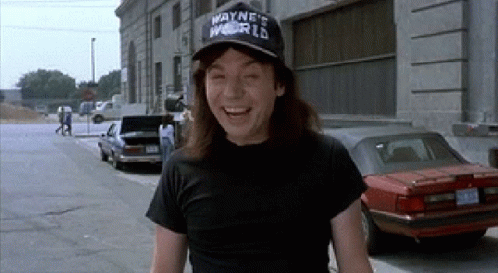 A Man Wearing A Hat That Says Wayne 'S World On It GIF