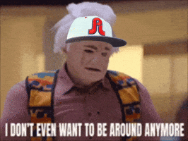 A Man Wearing A Hat With The Letter R On It Says I Don T Even Want To Be Around Anymore GIF
