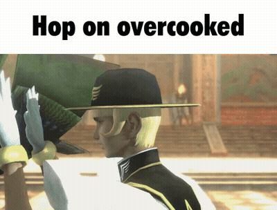 A Man Wearing A Hat With The Words Hop On Overcooked Below It GIF