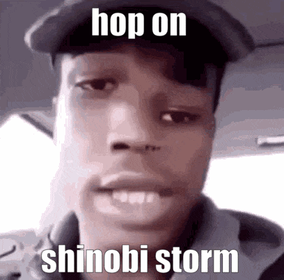 A Man Wearing A Hat With The Words Hop On Shinobi Storm Written On It GIF