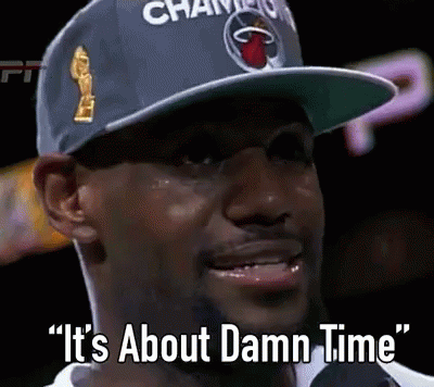 A Man Wearing A Hat With The Words " It 'S About Damn Time " Written On It GIF