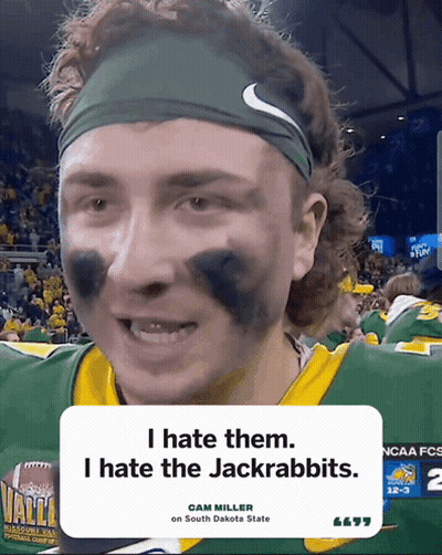 A Man Wearing A Headband With The Words I Hate Them I Hate The Jackrabbits On The Bottom GIF