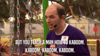 A Man Wearing A Headset Says But You Teach A Man How To Kaboom Kaboom Kaboom And Kaboom GIF