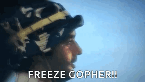 A Man Wearing A Helmet And Goggles Is Screaming Freeze Gopher . GIF