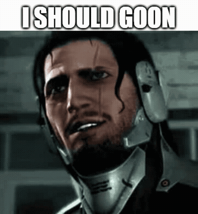 A Man Wearing A Helmet And Headphones Is Making A Funny Face With The Words `` I Should Goon '' . GIF