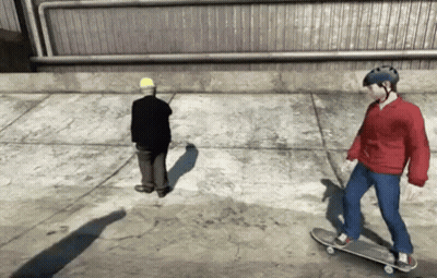 A Man Wearing A Helmet Rides A Skateboard Next To Another Man GIF