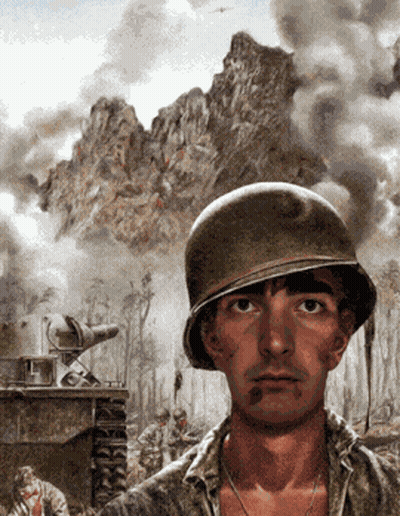 A Man Wearing A Helmet Stands In Front Of A Mountain With Smoke Coming Out Of It GIF