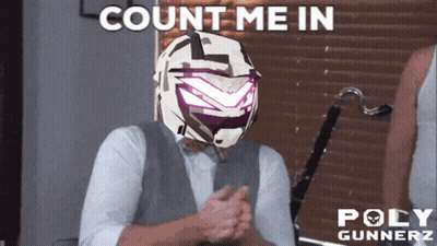 A Man Wearing A Helmet That Says Poly Gunnerz GIF