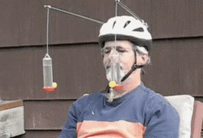 A Man Wearing A Helmet With A Bird Feeder Attached To It . GIF