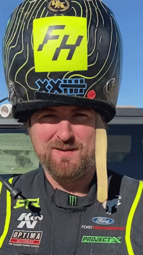 A Man Wearing A Helmet With A Yellow Square With Fh On It GIF