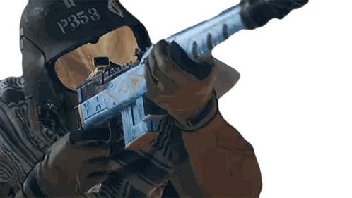 A Man Wearing A Helmet With P358 On It Is Holding A Rifle Sticker