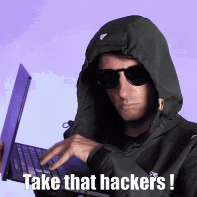 A Man Wearing A Hoodie And Sunglasses Is Typing On A Laptop With The Words Take That Hackers Written Below Him GIF
