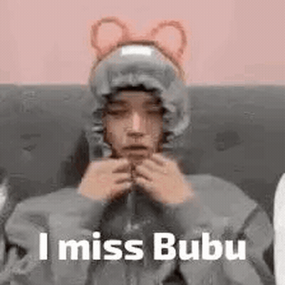 A Man Wearing A Hoodie With Ears And The Words `` I Miss Bubu '' . GIF