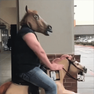 A Man Wearing A Horse Mask Is Riding A Toy Horse GIF