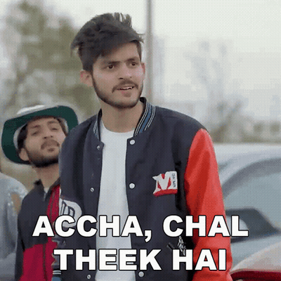 A Man Wearing A Jacket That Says Accha Chal Theek Hai GIF
