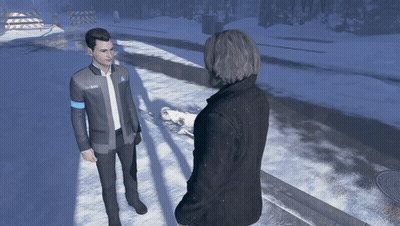 A Man Wearing A Jacket That Says Rk800 Stands Next To Another Man GIF
